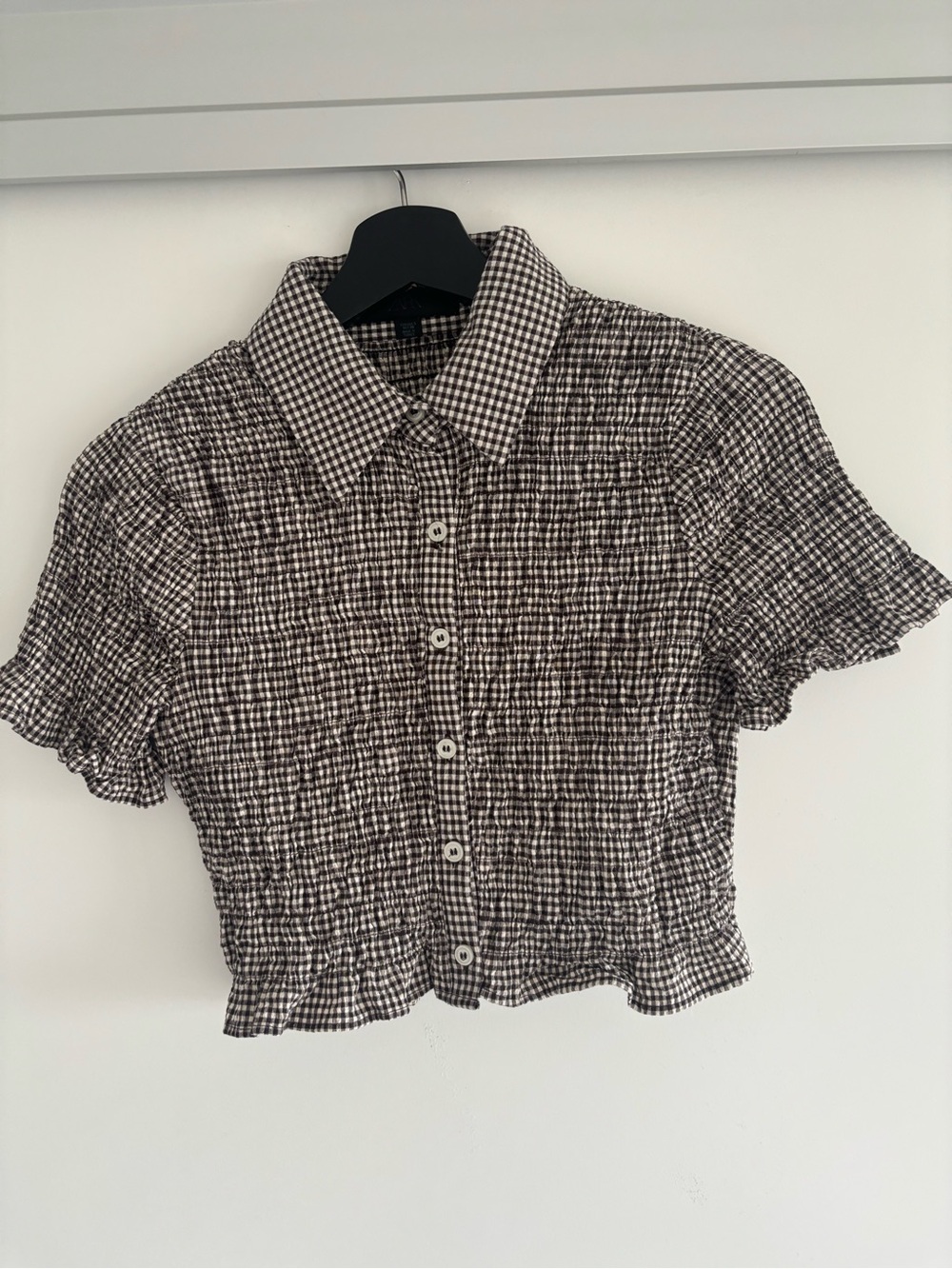 Black Checkered Short-Sleeve front button Top by Zara